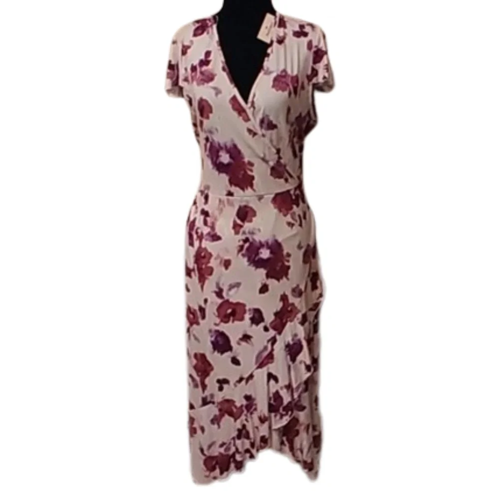 JUICY COUTURE Dress Pink Floral Faux-Wrap Jersey V-Neck Ruffled High-Low Medium - Picture 2 of 10